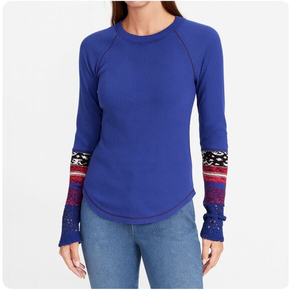 Free People Women’s Size Medium Royal Blue Thermal Top Long Sleeve knit cuff - Picture 1 of 12